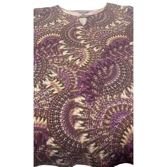 ROZ & ALI LONG SLV PULL-OVER RND NECK TUNIC BLOUSE, WOMEN, L, PURPLE BROWN ABSTR - Picture 3 of 12